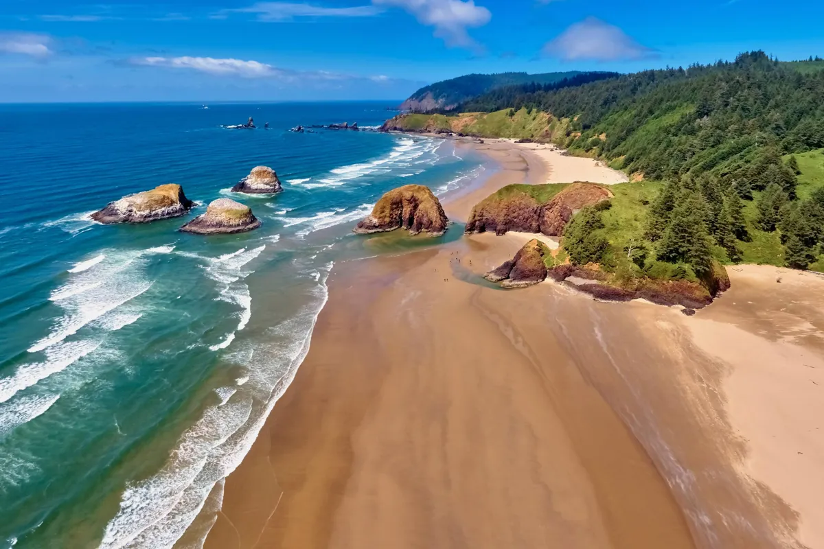 A sweeping view of sandy beach, ocean waves, dramatic rock formations—including the iconic Twin Rocks Arch—and lush green hills. The expansive shoreline offers endless possibilities for spontaneous games, bonfires, and group photo moments.